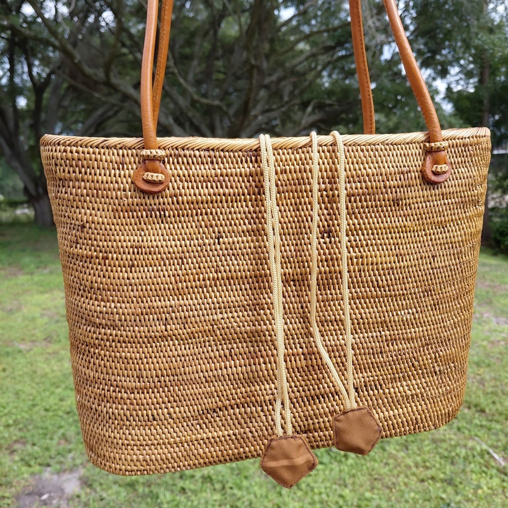 LISI LERCH Charlotte Bali Tote Basic  Leather Handles Ata Grass Straw Handbag - Picture 2 of 13